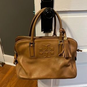 Camel colored Leather Tory Burch handbag with gold colored hardware